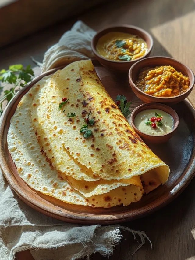 Flatbreads on a wooden plate with three bowls of colorful herb sauces