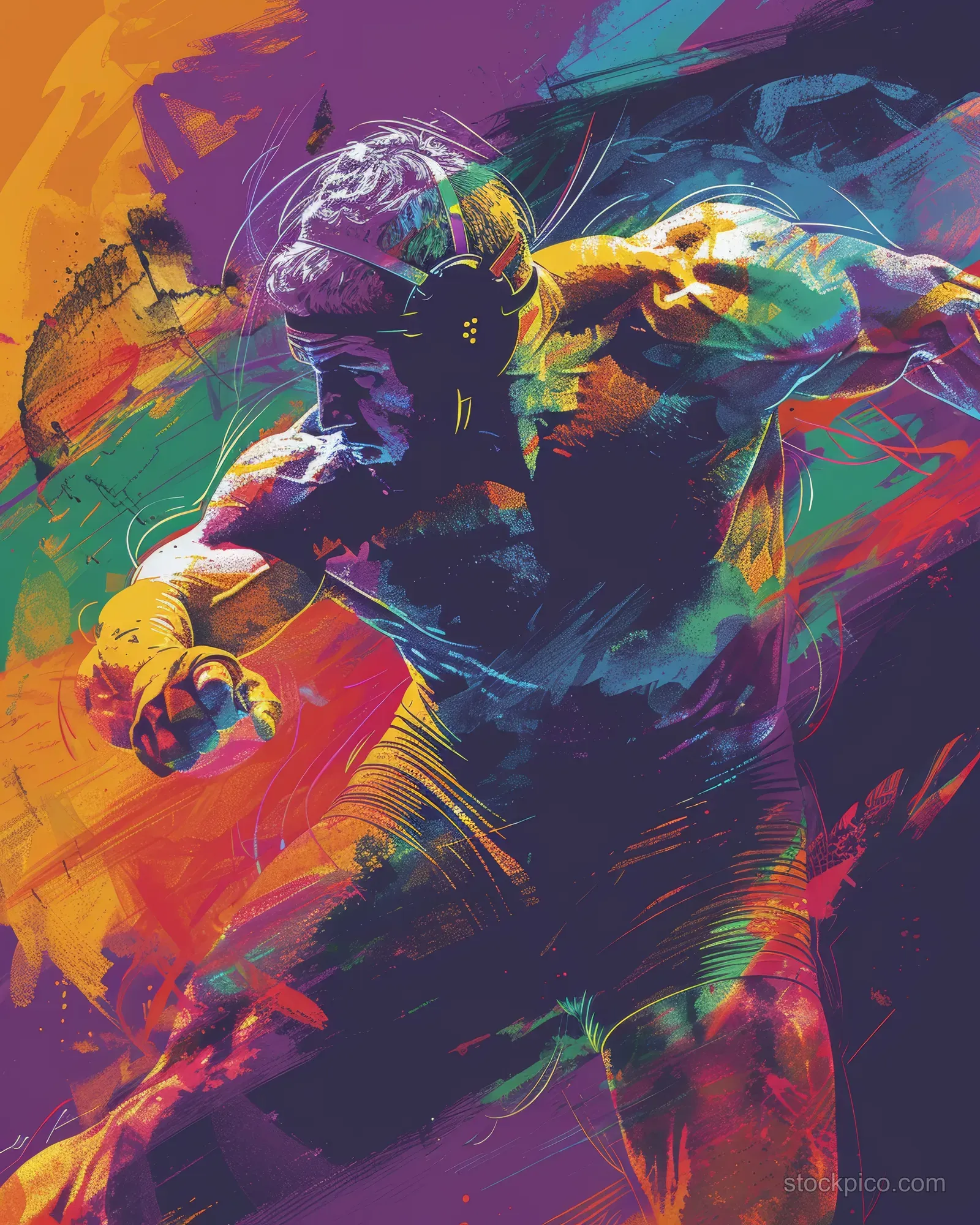 An American wrestler showcases determination in a vibrant, dynamic freestyle wrestling match illustration.
