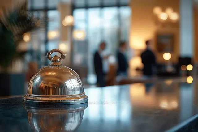 A shiny hotel service bell rests on the reception desk with a softly blurred lobby and warm lights behind.