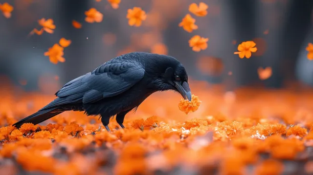 Black crow pecking rice on orange marigold flowers in soft, shallow-focus light