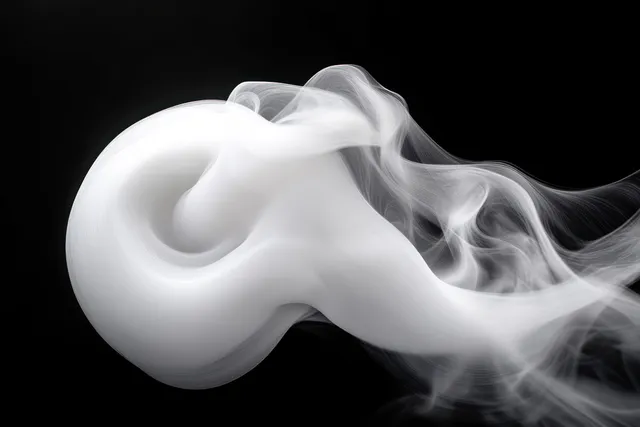 White smoke ring emerging into black space, swirling into a drifting ribbon