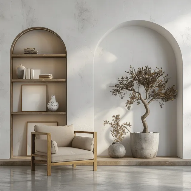 Minimalist 3D interior scene with light armchair, marble vase, and empty frame mockup