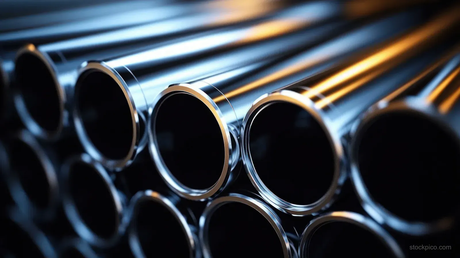 Close-up of stacked reflective metal pipes with bright highlights and dark pipe openings.