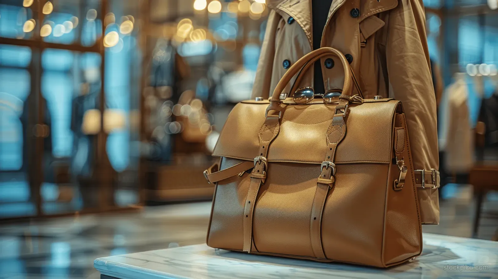 Leather handbag on a boutique counter with a trench coat behind it and blurred storefront lights.