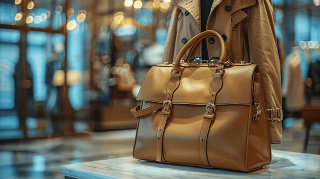 Leather handbag on a boutique counter with a trench coat behind it and blurred storefront lights.