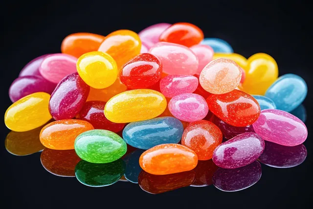 A close-up pile of colorful glossy jelly beans with bright reflections on a black surface.