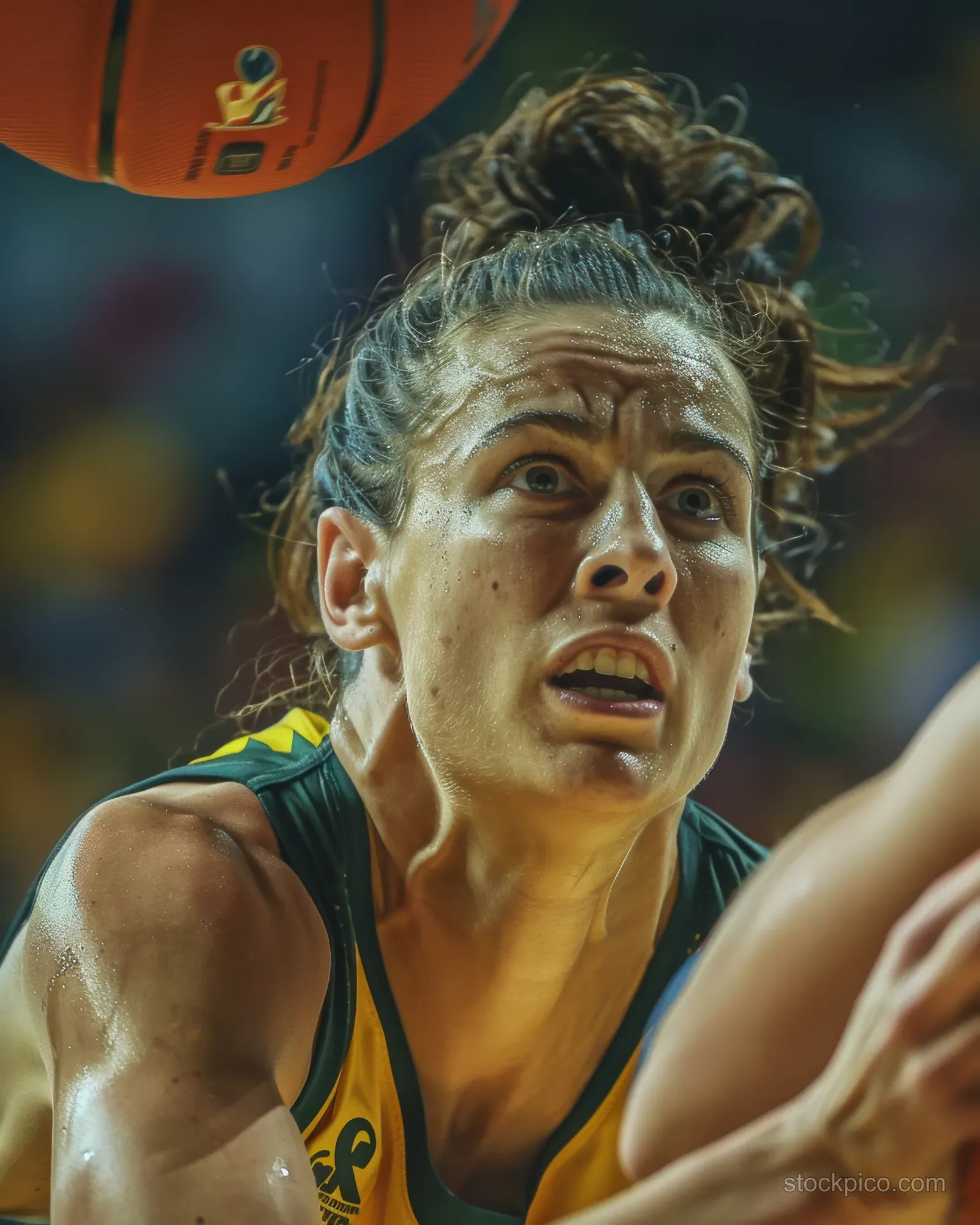 Australian basketball player in green jersey drives toward the hoop with focused expression amid blurred crowd lights.