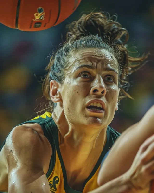 Australian women’s basketball player drives toward the hoop with intense focus