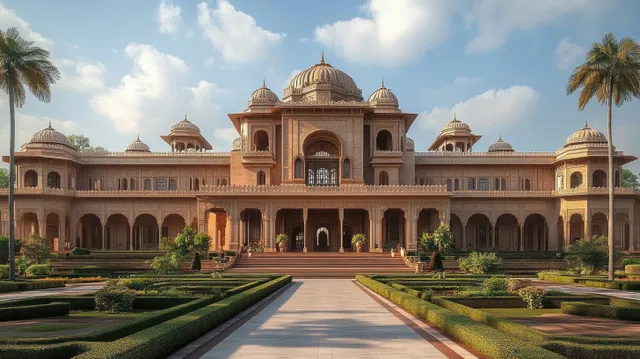 Historic sandstone palace facade with domes and arches, framed by symmetrical gardens and palms