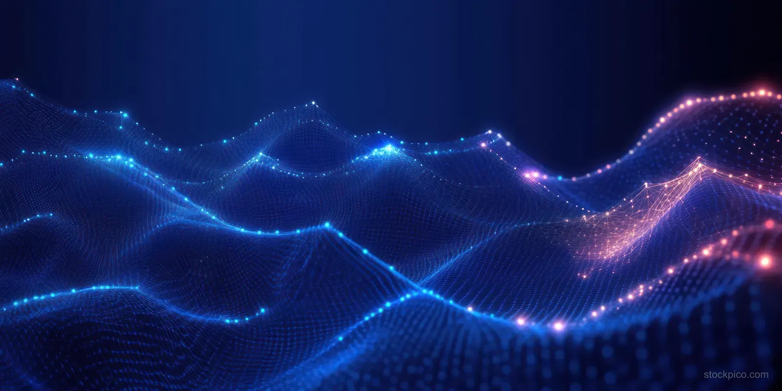 Glowing blue and pink wireframe wave curves and grid lines flow across a dark digital landscape.
