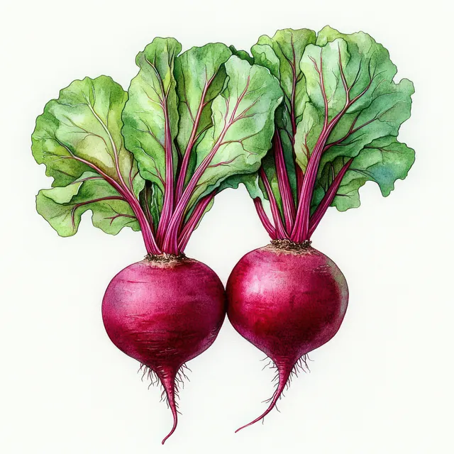 Two beet roots with green leafy tops and visible veins sit on a white background.