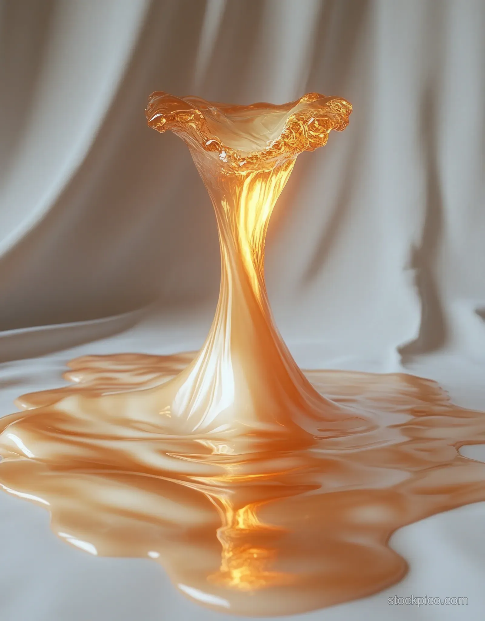 A golden fish oil stream pours from a cut capsule onto a white surface in close-up.