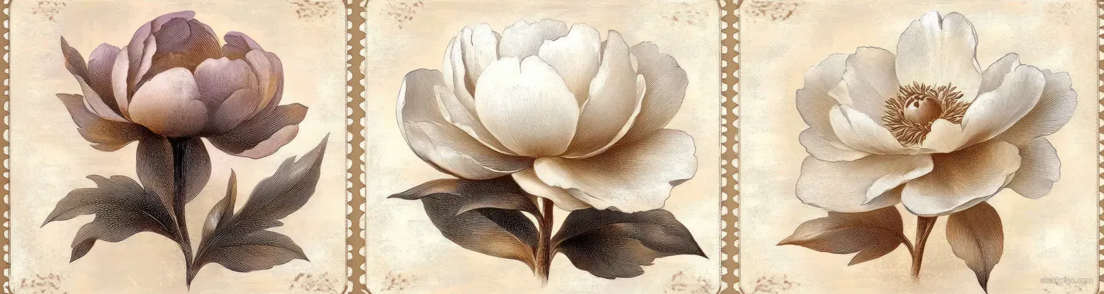 Three vintage botanical flower illustrations with textured petals and leaves on beige parchment panels.