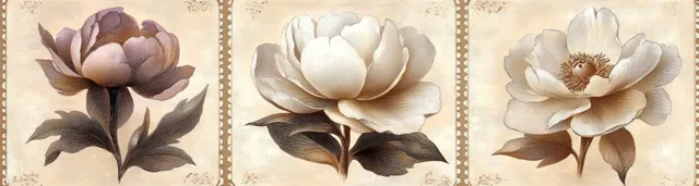 Three vintage botanical flower illustrations with textured petals on beige parchment backgrounds
