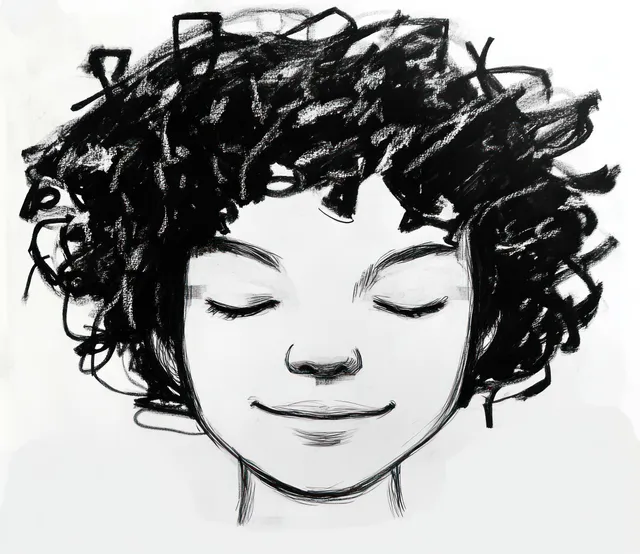 Black and white sketch of a curly-haired face with closed eyes and a calm gentle smile.