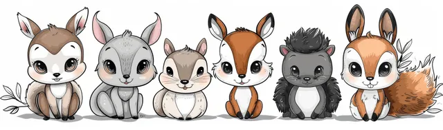 Cute forest animal lineup coloring page featuring rabbit, deer, hedgehog, and squirrel