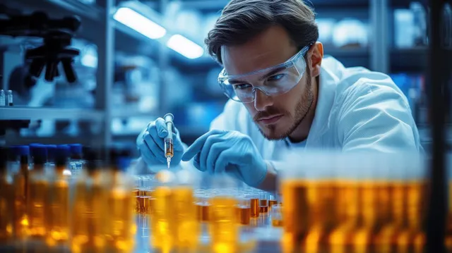 Gloved scientist holds a syringe above amber test tubes in a blue-lit laboratory.