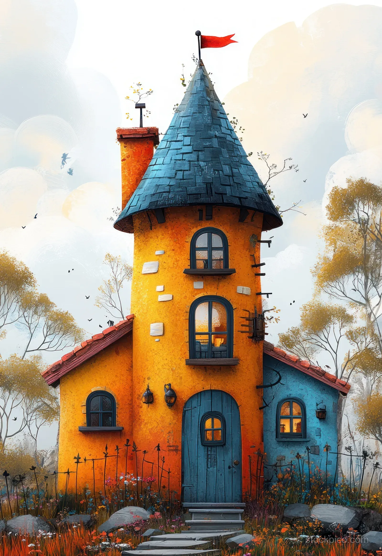 Cartoon house with a blue conical roof and arched windows on a quiet street under soft clouds.