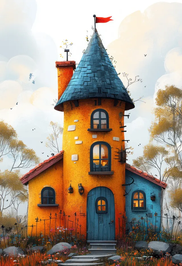 Whimsical cartoon house with conical roof, colorful facade, tiny flag in a countryside street