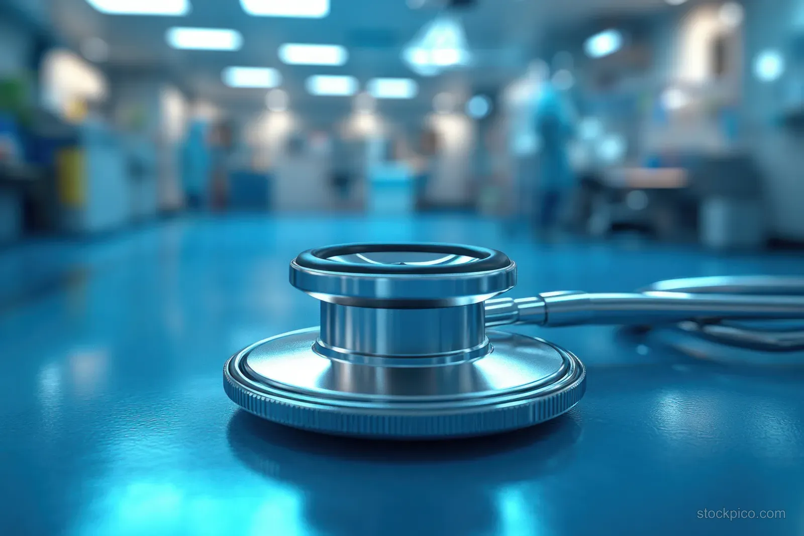 A stethoscope rests on a clinic table with blue medical room lights blurred in the background.