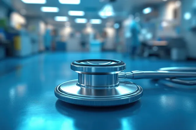 Stethoscope and medical instruments resting on clinic table with glowing blue lights behind