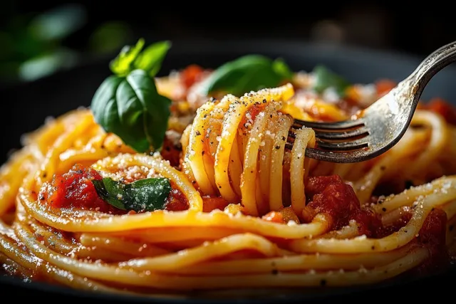 Close-up of spaghetti on a fork twirled through tomato sauce with grated cheese, black pepper, and basil leaves.