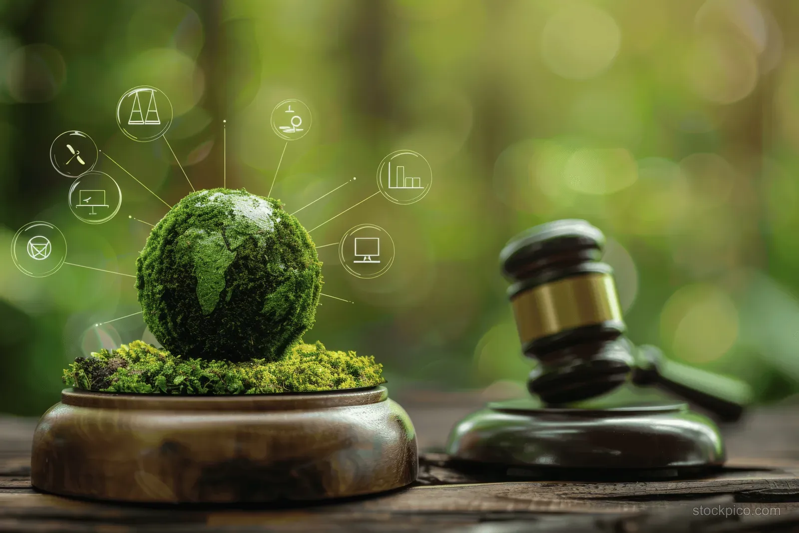 A gavel sits beside a moss-covered globe with ecology icons on a wooden table.