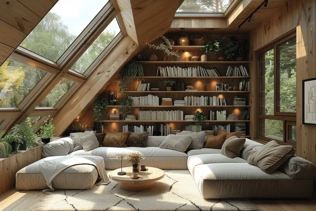Scandinavian attic living room with white sectional sofa, skylights, and book-lined walls