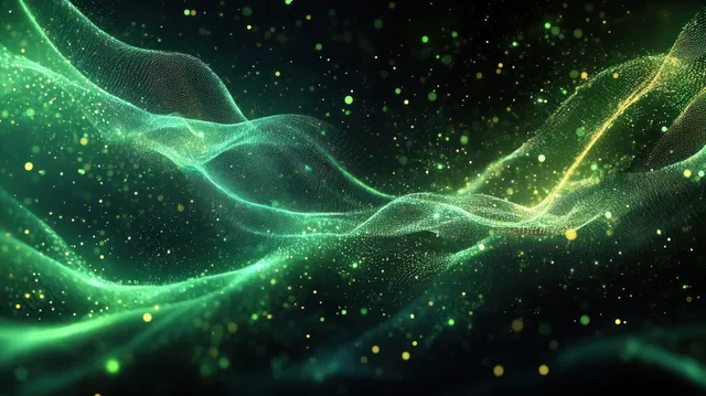 Green and yellow glowing particles swirl through a translucent wavy mesh over a dark background with subtle sparkles.