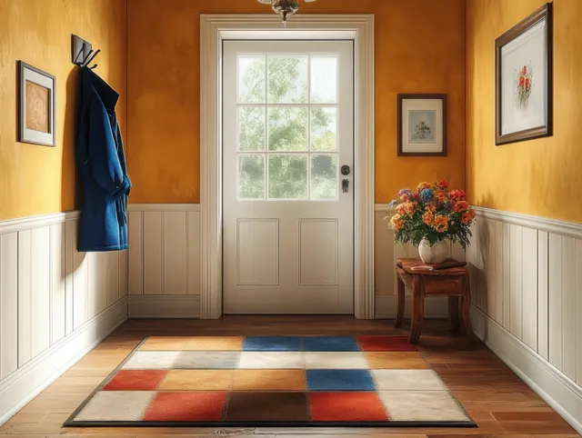 Bright yellow entryway with a white paneled door, geometric rug, blue coat on a hook, and a flower vase on a small table.