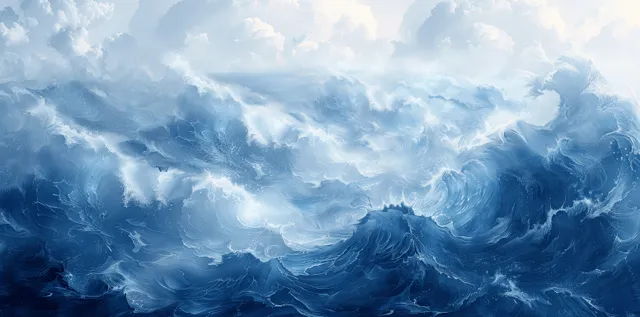 Turquoise watercolor ocean wave with foamy white crests rolling toward the horizon in a bright blue seascape.