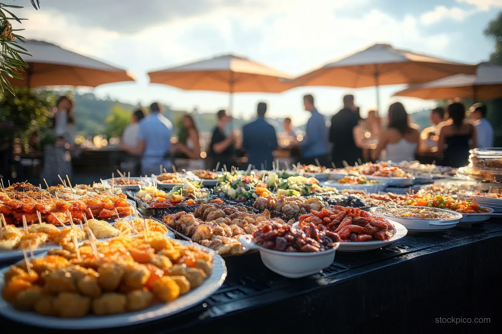 Outdoor buffet table with assorted appetizers and finger foods on plates and bowls under umbrellas as people mingle behind.