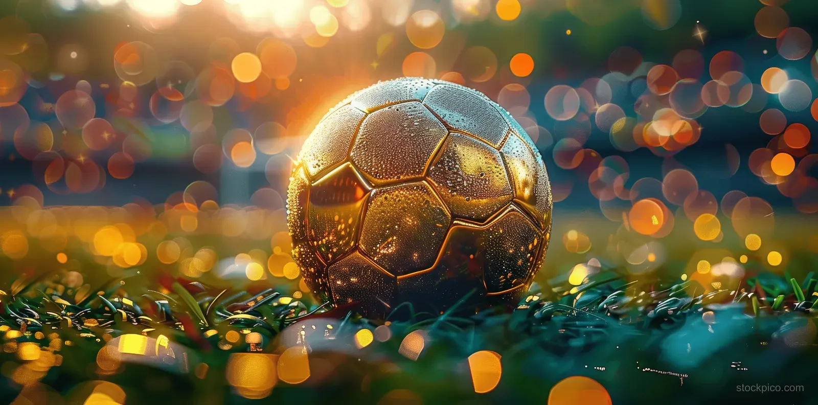 Golden soccer ball on grass with confetti sparks and soft stadium light bokeh in the background.