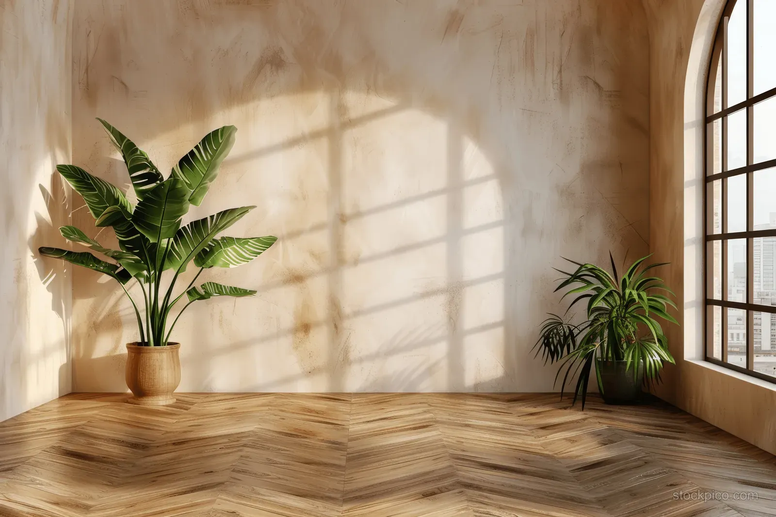 Minimalist living room corner with beige walls, wooden parquet floor, arched window, and two potted plants casting sunlight shadows.