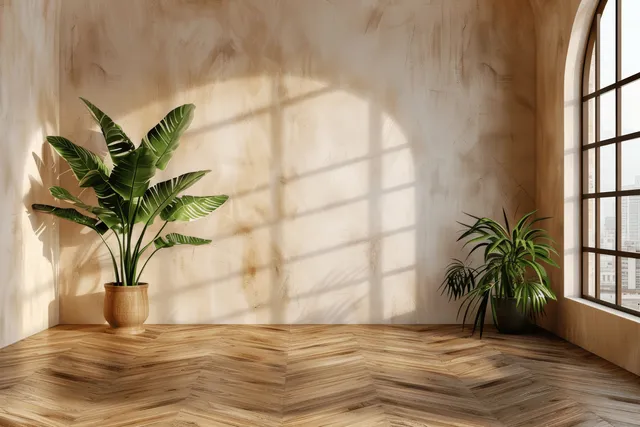 Minimalist living room corner with beige walls, wooden parquet floor, arched window, and two potted plants casting sunlight shadows.
