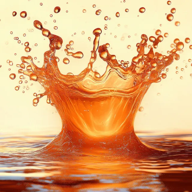 Orange liquid splash crown rising from rippling water with droplets scattering outward in midair.