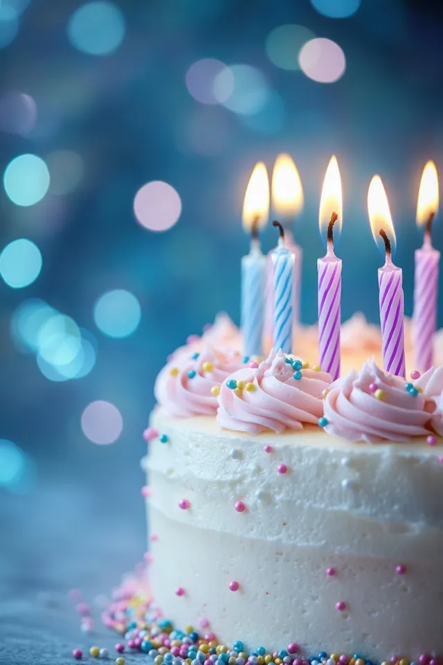 Close-up white birthday cake with pink frosting swirls, colorful sprinkles and five glowing candles