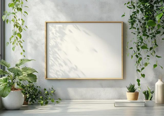 Minimalist living room wall with a framed blank artwork and hanging plants in sunlight
