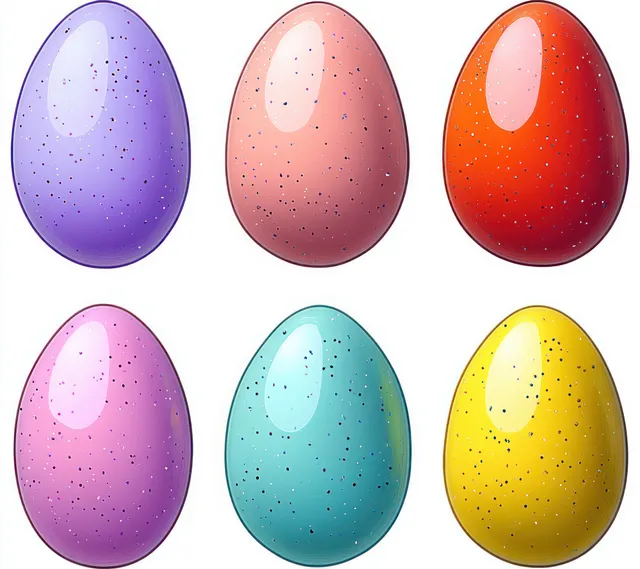 Six glossy pastel speckled eggs arranged in two rows on a white background