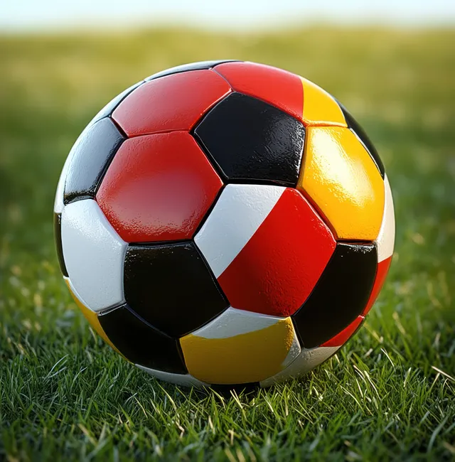 A soccer ball in East Timor flag colors sits on grass with blurred field behind it.