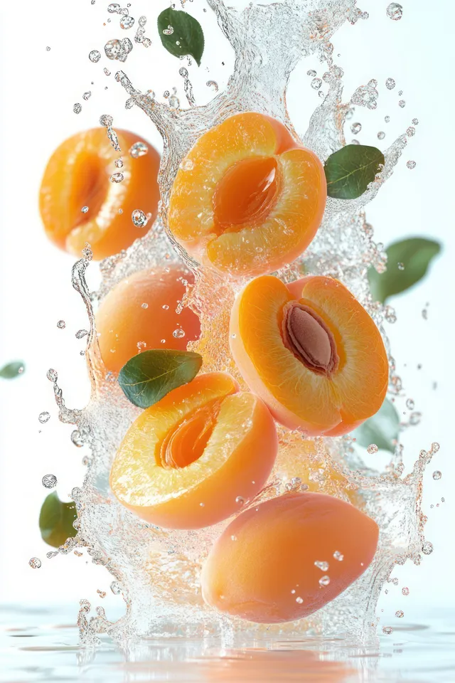 Apricot slices and green leaves splash through falling juice droplets against a white background.