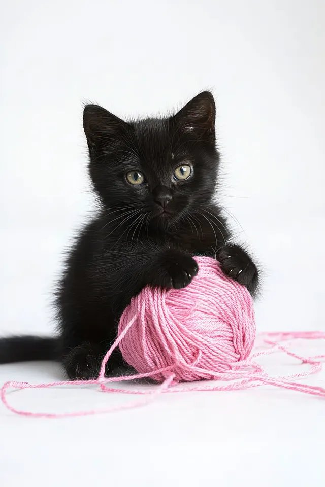 Black kitten playing with a large ball of pink yarn on a white studio background.