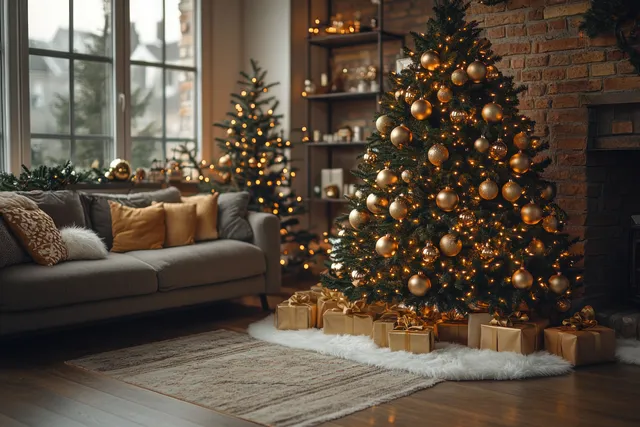 A minimalist Christmas tree with golden lights stands beside wrapped presents in a cozy living room near a brick fireplace.