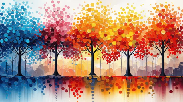 Abstract dotted forest trees with vibrant orange and blue canopy on textured background wall