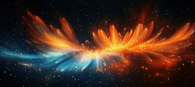 Abstract fiery wings flare and blend orange-blue light trails over a starry dark backdrop