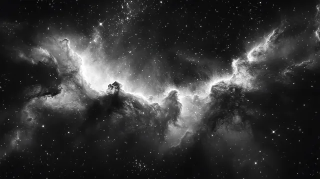 Black-and-white nebula with glowing gas, bright star clusters, and dark dust clouds across deep space.
