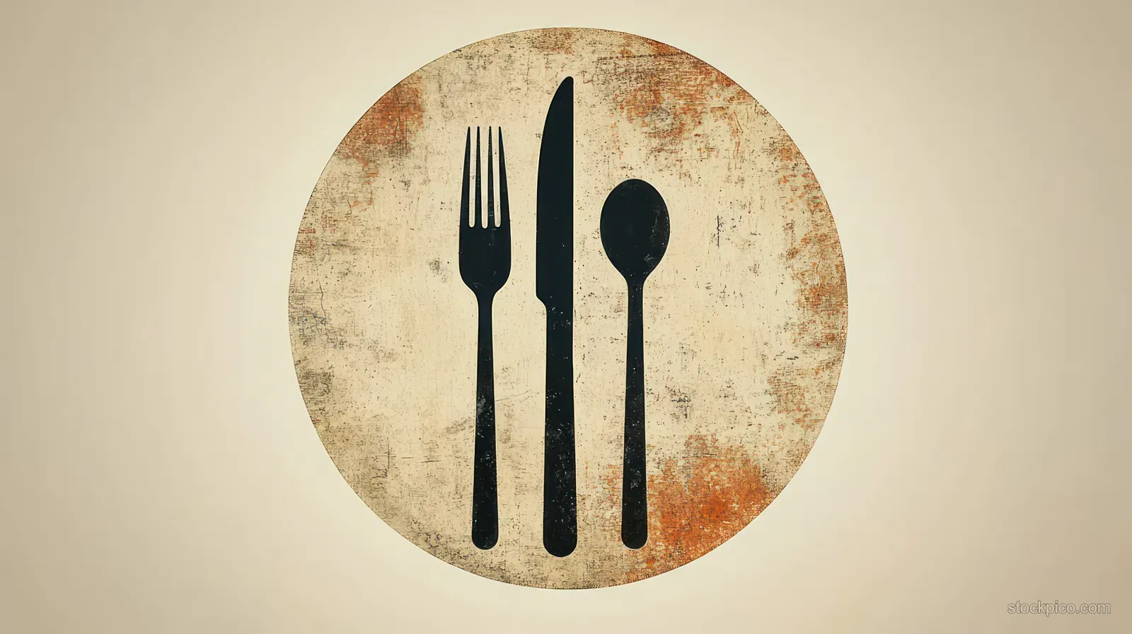 Black fork and spoon silhouettes centered on a distressed beige circular grunge background.