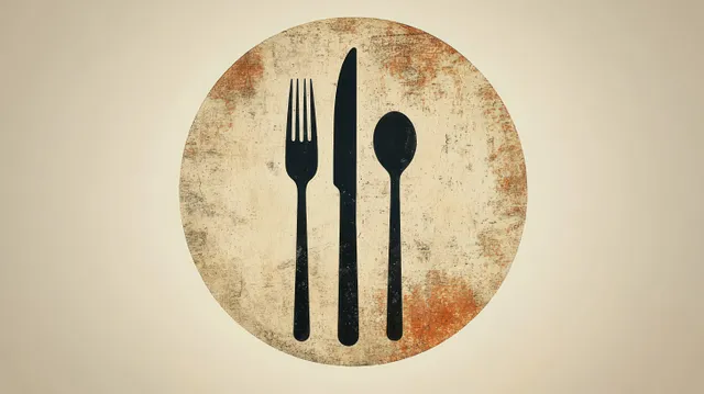 Grunge vintage cutlery silhouettes of fork and spoon on distressed beige circular backdrop