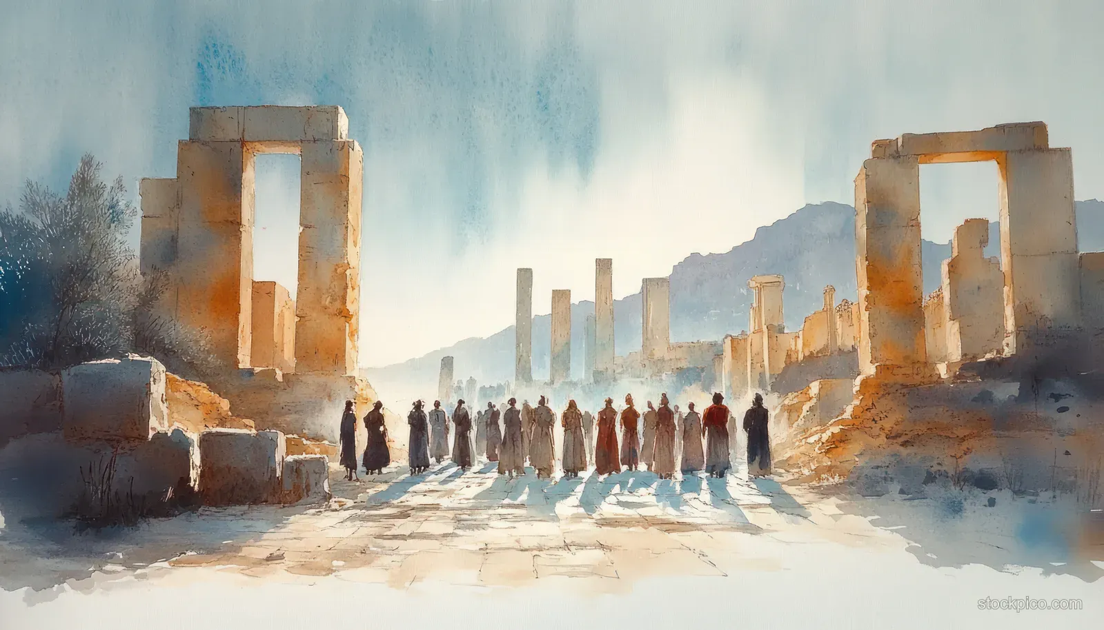 Jesus and a gathering group walk toward ancient ruins in a soft pastel watercolor landscape.
