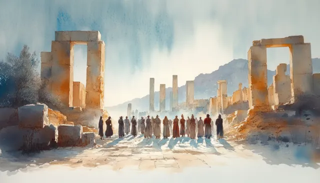 Jesus and a gathering group walk toward ancient ruins in a soft pastel watercolor landscape.